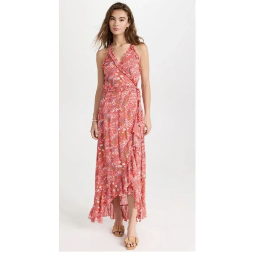 Poupette St Barth Tamara Halterneck Wrap Red Floral Fringe Maxi Dress M